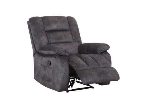 Silla de acento reclinable de color gris oscuro sobre un fondo blanco. 