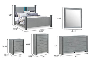 Conjunto de dormitorio en acabado gris compuesto por cama, espejo, mesa de noche, cómoda y gavetero alto. La imagen incluye dimensiones de cada pieza, mostrando medidas de alto, ancho y profundidad para referencia del tamaño.