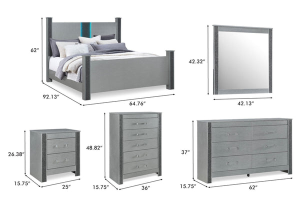 Conjunto de dormitorio en acabado gris compuesto por cama, espejo, mesa de noche, cómoda y gavetero alto. La imagen incluye dimensiones de cada pieza, mostrando medidas de alto, ancho y profundidad para referencia del tamaño.