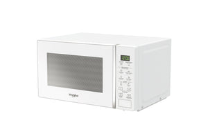 Un horno microondas Whirlpool blanco con pantalla digital y botones de control en el lado derecho, mostrado sobre un fondo blanco liso.