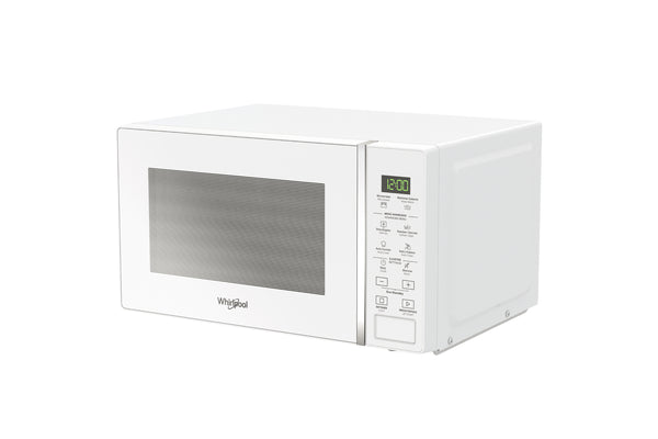 Un horno microondas Whirlpool blanco con pantalla digital y botones de control en el lado derecho, mostrado sobre un fondo blanco liso.