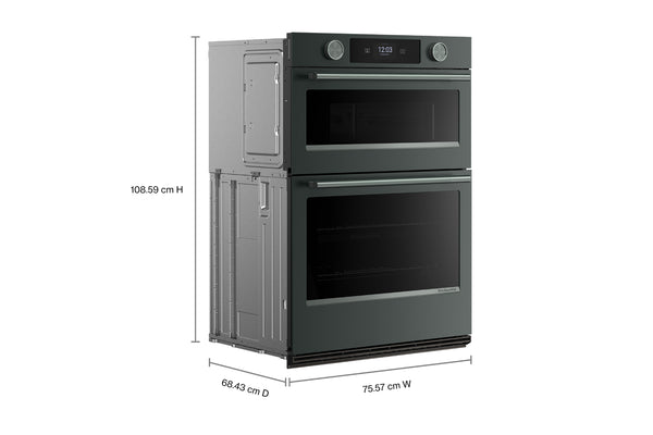 Un electrodoméstico de horno doble de pared, uno al lado del otro, que se muestra sobre un fondo blanco con líneas de dimensión y medidas que indican 108,59 cm de altura, 68.
