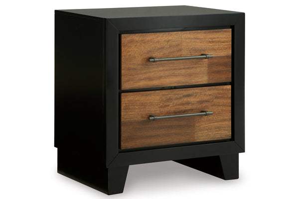 Mesa de noche de dos gavetas en color negro y madera sobre fondo blanco.