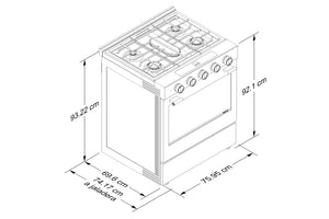 Diagrama de dimensiones técnicas de una cocina de gas, que muestra las medidas en centímetros de altura, anchura y profundidad con etiquetas sobre un fondo blanco.