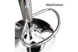 Vista cercana de base de taburete con texto "Metal Footrest" sobre un fondo blanco. 