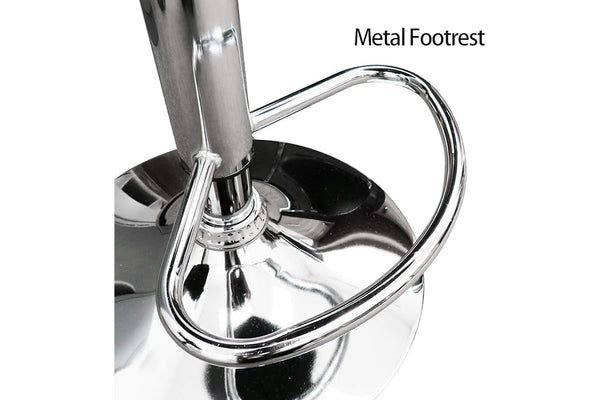 Vista cercana de base de taburete con texto "Metal Footrest" sobre un fondo blanco. 