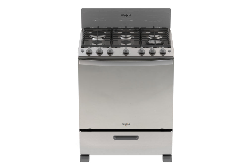 Una cocina de gas Whirlpool con acabado en acero inoxidable negro, que cuenta con cinco quemadores en la placa y una puerta de horno abierta que permite ver el interior.