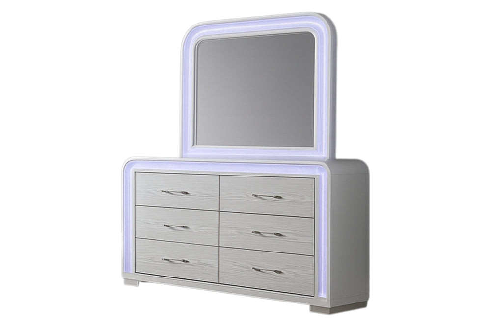 Gavetero con espejo blanco con luces LED y con seis gavetas en un entorno de habitación moderno. 