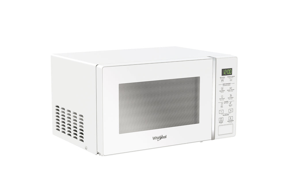 Un horno microondas Whirlpool blanco con puerta de cristal y panel de control digital en el lado derecho, mostrado sobre un fondo blanco liso.