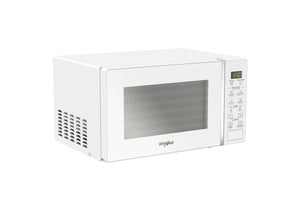 Un horno microondas Whirlpool blanco con puerta de cristal y panel de control digital en el lado derecho, mostrado sobre un fondo blanco liso.