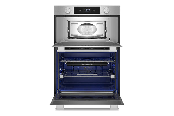 Horno empotrado de acero inoxidable con la puerta inferior abierta, que deja ver el interior azul y dos rejillas metálicas. En la puerta superior del horno se aprecian una pantalla digital y los mandos de control.