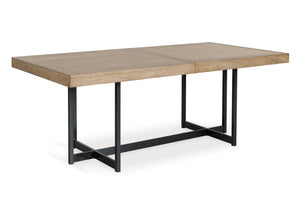 Mesa de comedor con tablero de madera y patas de metal negro sobre fondo blanco.