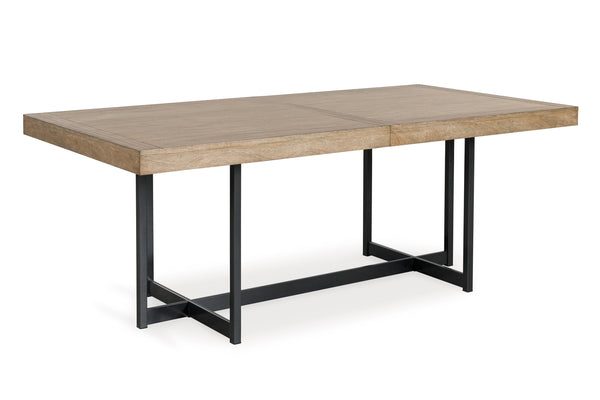 Mesa de comedor con tablero de madera y patas de metal negro sobre fondo blanco.