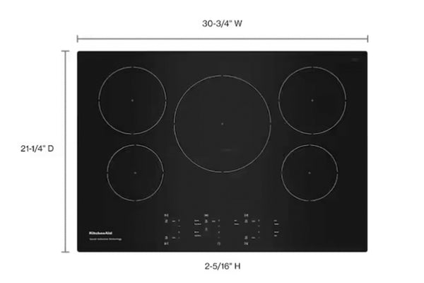 Cubierta de inducción KitchenAid de 30.75 pulgadas con superficie de vidrio negro, cinco zonas de cocción y controles táctiles frontales. La imagen incluye dimensiones de 30.75 pulgadas de ancho, 21.25 pulgadas de profundidad y 2.31 pulgadas de altura.