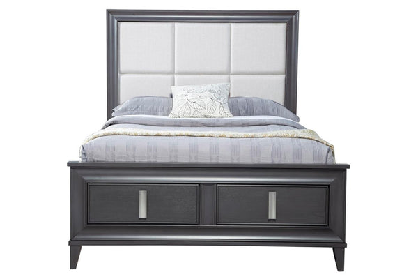 Gray upholstered bed with footboard storage on a white background. 