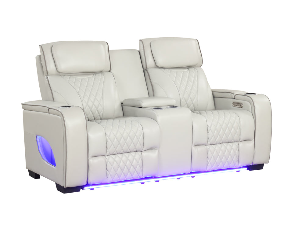 Loveseat reclinable eléctrico de piel sintética blanco con iluminación LED sobre fondo blanco.