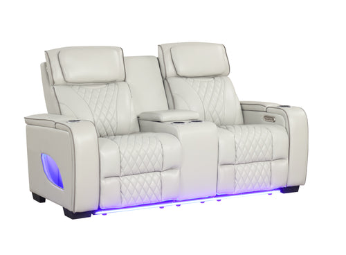 Loveseat reclinable eléctrico de piel sintética blanco con iluminación LED sobre fondo blanco.