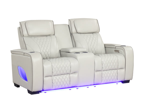 Loveseat reclinable eléctrico de piel sintética blanco con iluminación LED sobre fondo blanco.