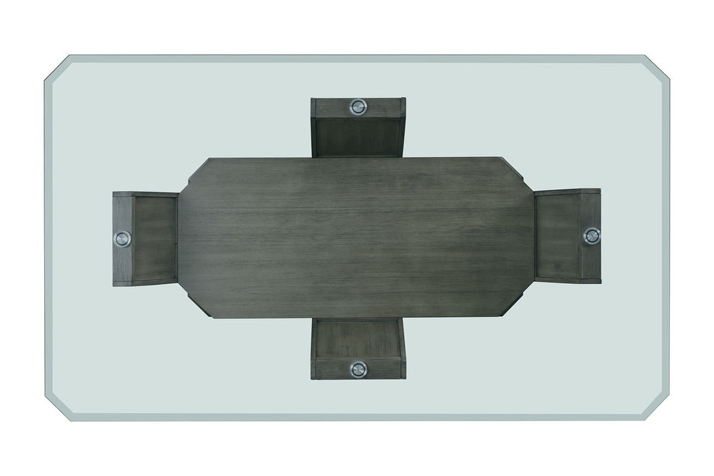 Mesa rectangular con base marrón de madera con tope de cristal transparente en un fondo blanco. 