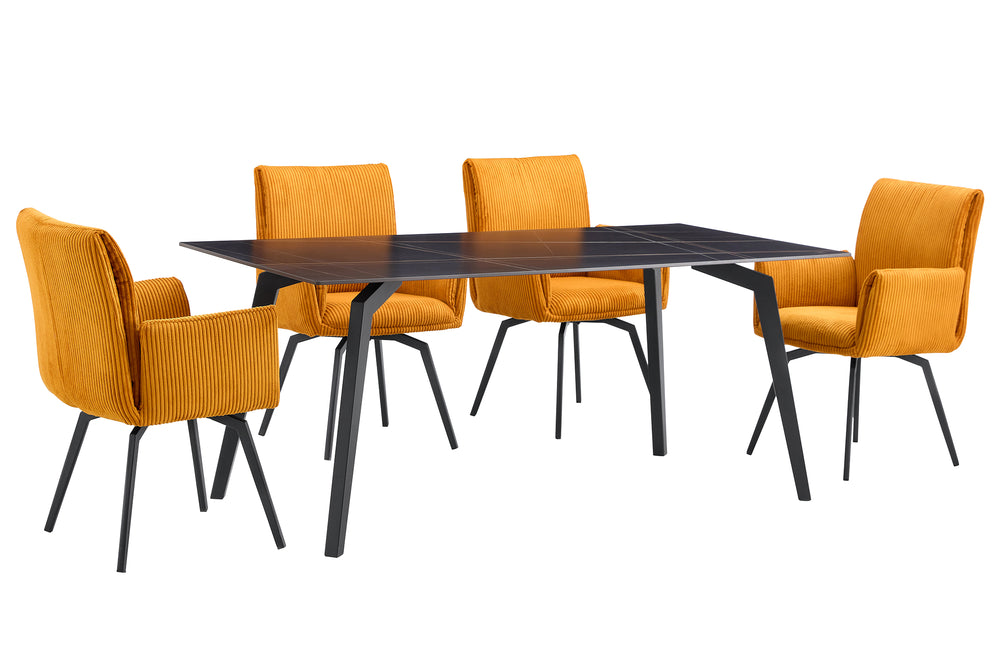 Juego de comedor contemporáneo con mesa rectangular negra de líneas modernas y cuatro sillas tapizadas en tela acanalada color mostaza. El conjunto presenta patas metálicas negras y un diseño elegante para espacios modernos.