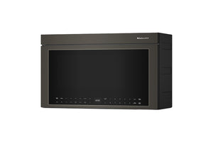 Un microondas KitchenAid para instalar sobre la encimera, con acabado en gris carbón oscuro, mostrado desde un ángulo frontal de tres cuartos sobre un fondo blanco liso.