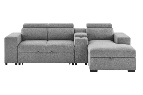 Sofá cama deslizable de color gris sobre un fondo blanco. 