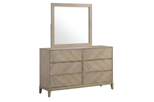 Gavetero de madera con espejo de seis gavetas sobre fondo blanco