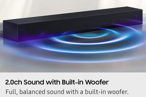 Barra de sonido negra con efectos de luz azul sobre un fondo gris. 