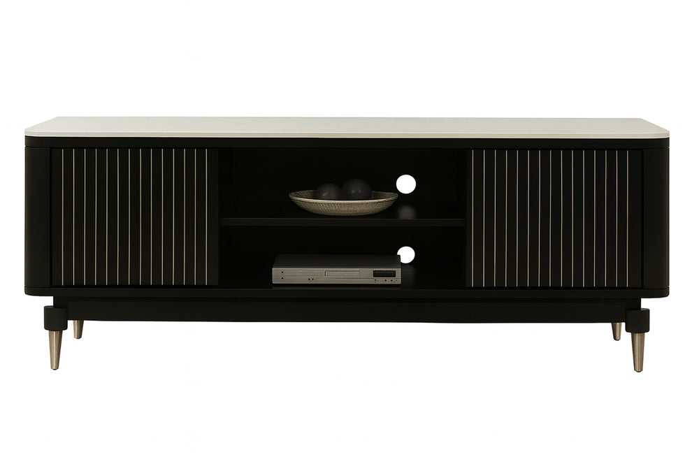 Mueble de televisión moderno de color negro con un televisor de pantalla plana en un salón.