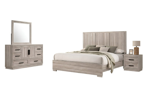 Un conjunto de muebles de dormitorio de madera gris claro que incluye una cama con ropa de cama blanca, una mesita de noche a juego y un gavetero con espejo, mostrado sobre un fondo blanco liso.
