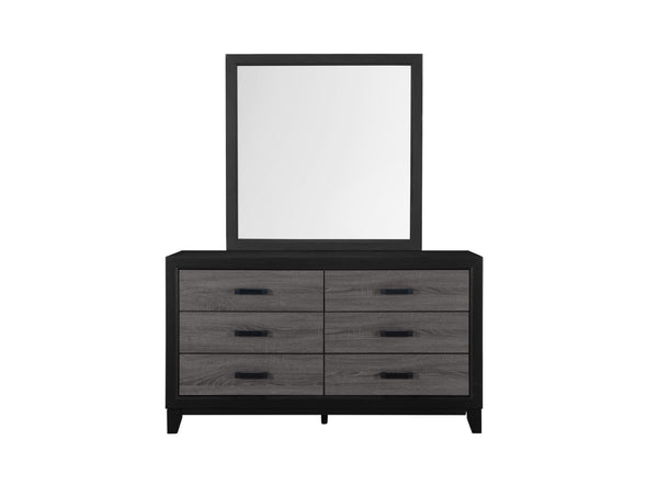 Gavetero de seis gavetas con acabado en madera gris y marco negro, acompañada de un espejo rectangular a juego. Diseño contemporáneo con tiradores oscuros y líneas limpias, ideal para dormitorios modernos.