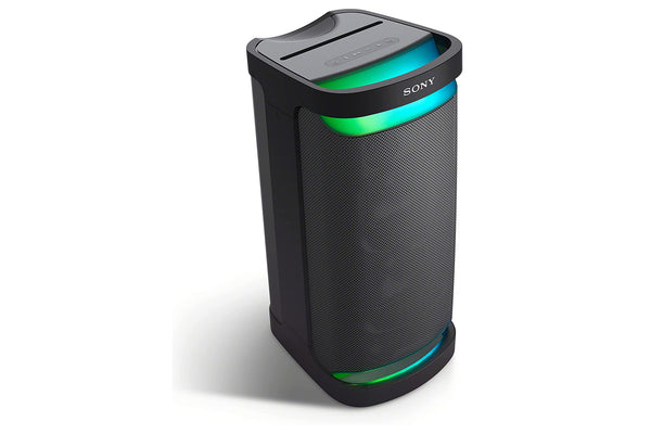 Altavoz portátil Sony con iluminación verde y azul sobre fondo blanco.