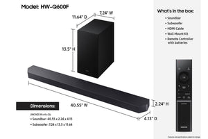 Barra de sonido y subwoofer con dimensiones y lista de embalaje sobre fondo blanco. 