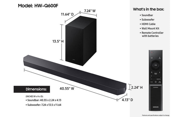 Barra de sonido y subwoofer con dimensiones y lista de embalaje sobre fondo blanco. 