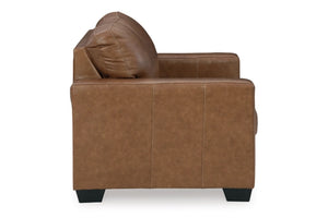 Vista lateral de loveseat de color marrón sobre un fondo blanco. 