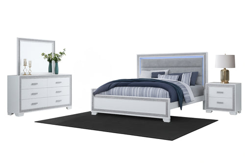 Conjunto de habitación moderno y blanco que incluye una cama, un gavetero con espejo y una mesa de noche sobre un fondo blanco. 