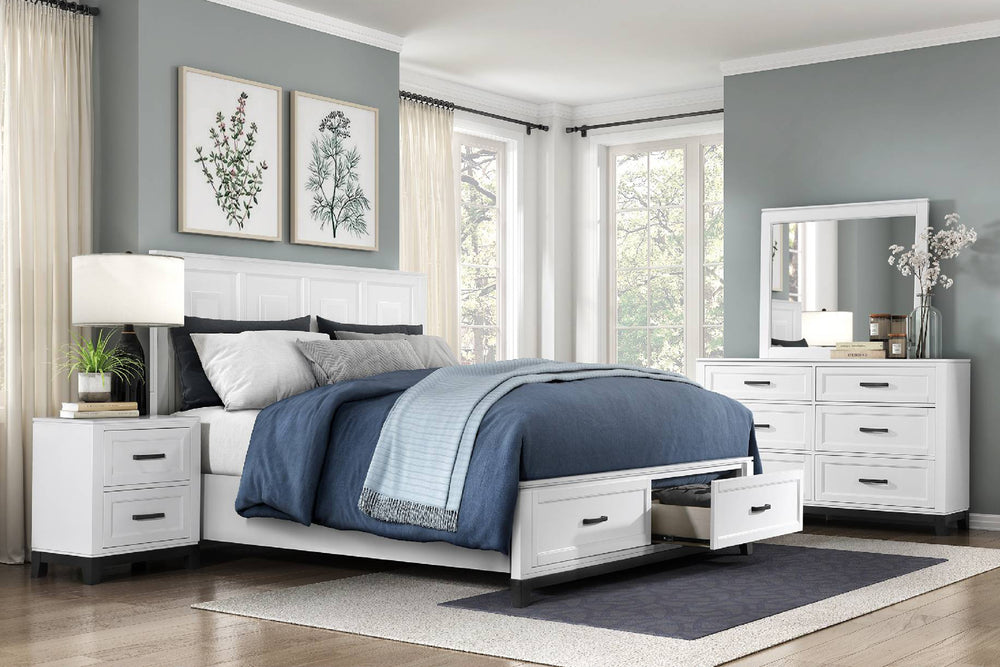 Conjunto de muebles de dormitorio blancos con cama, gavetero con espejo y mesa de noche sobre fondo blanco.