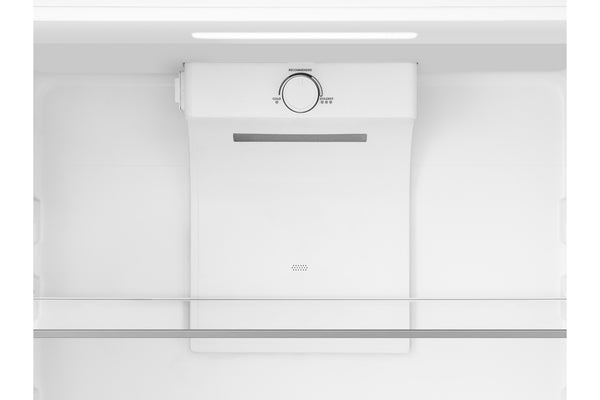 Panel de puerta interior blanca de refrigerador con un dial de control circular y una ranura horizontal, mostrado sobre un fondo blanco limpio.