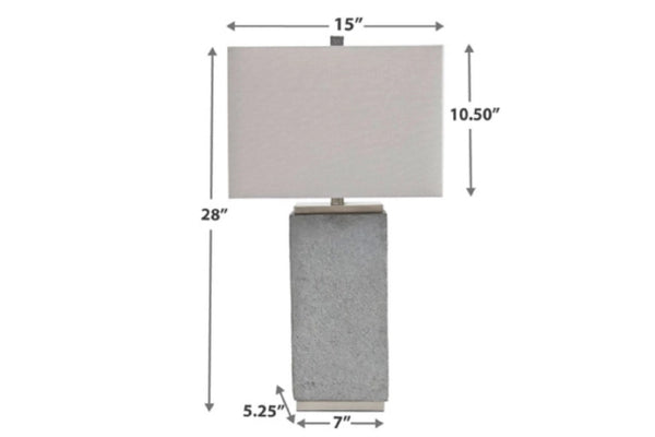 Lámpara de mesa de color gris con dimensiones sobre fondo blanco.