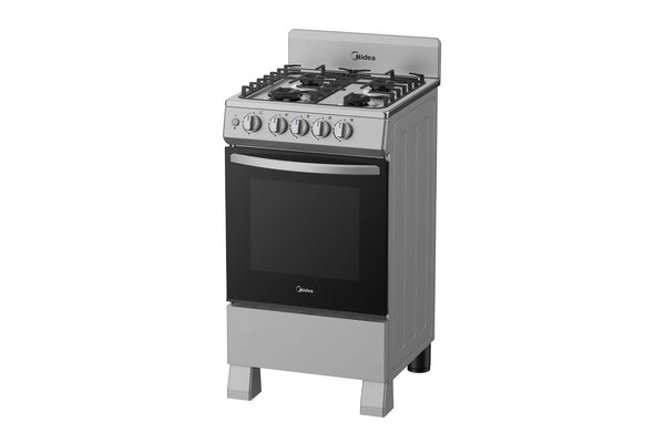 Horno de acero inoxidable de marca Midea sobre fondo blanco.