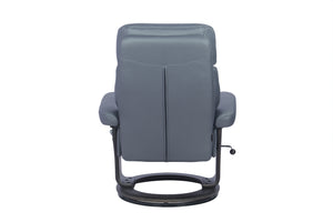 Silla de oficina tapizada en gris con respaldo alto, reposabrazos acolchados y base circular negra, vista desde atrás sobre un fondo blanco liso.