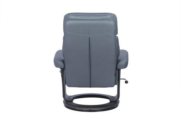 Silla de oficina tapizada en gris con respaldo alto, reposabrazos acolchados y base circular negra, vista desde atrás sobre un fondo blanco liso.