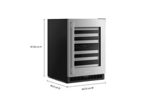 Una nevera para vinos de acero inoxidable y negro con etiquetas de dimensiones que muestran 87,32 cm de altura, 60.