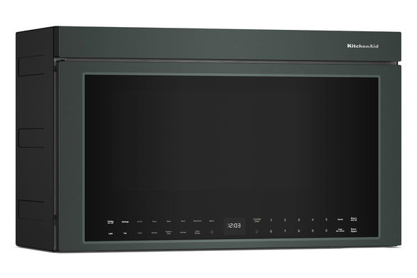 Un microondas verde para instalar sobre la encimera, con un verde y un panel de control digital en la parte frontal, que se muestra sobre un fondo blanco liso.