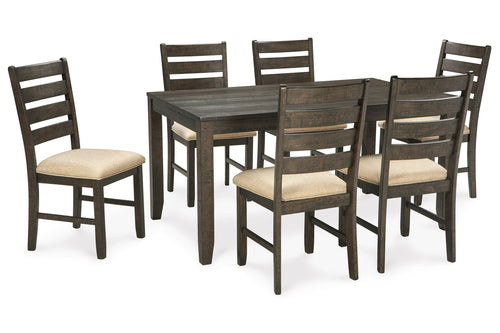 Juego de mesa de comedor con seis sillas sobre fondo blanco.
