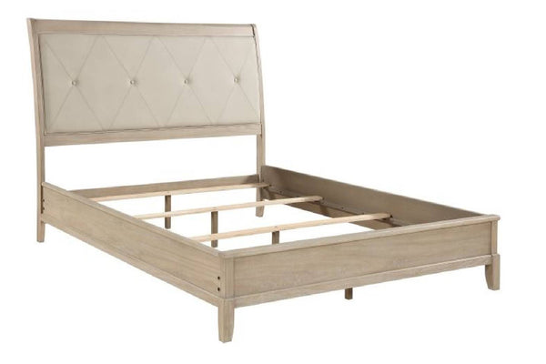 Estructura de cama de color beige con cabecero capitoné sobre fondo blanco.