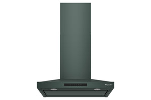 Una campana extractora de color verde oscuro con una chimenea cilíndrica alta y una base de extracción ancha y en ángulo, mostrada sobre un fondo blanco liso.