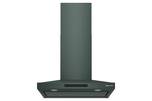 Una campana extractora de color verde oscuro con una chimenea cilíndrica alta y una base de extracción ancha y en ángulo, mostrada sobre un fondo blanco liso.