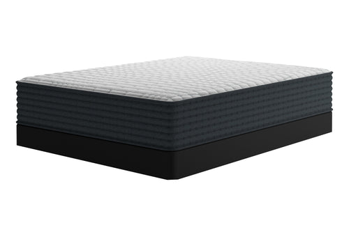Un mattress de gran tamaño sobre una base oscura, mostrado desde una perspectiva de tres cuartos contra un fondo blanco liso.
