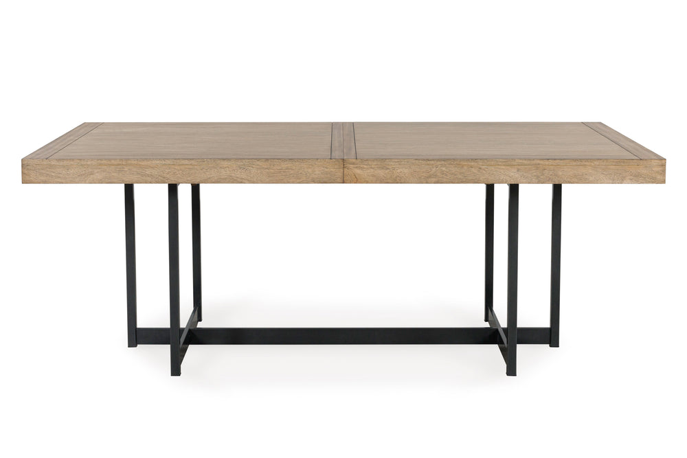 Mesa de comedor con tablero de madera y patas de metal negro sobre fondo blanco.